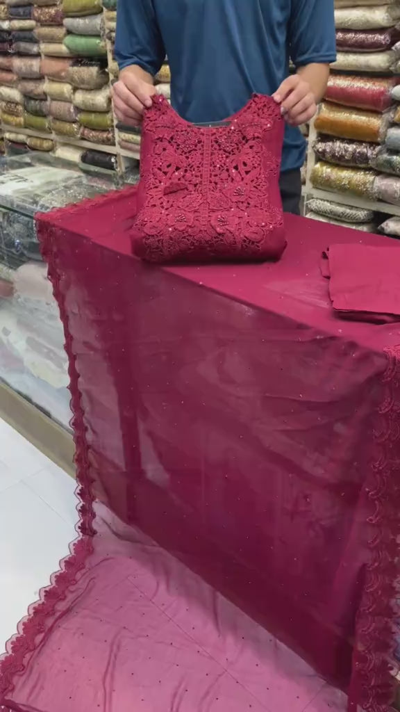 Elegant Red Organza 3-Piece Dress with Hand Embellishment