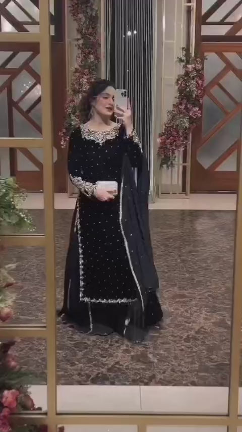 Midnight Black Festive Ensemble – Embroidered Shirt, Trouser & Dupatta