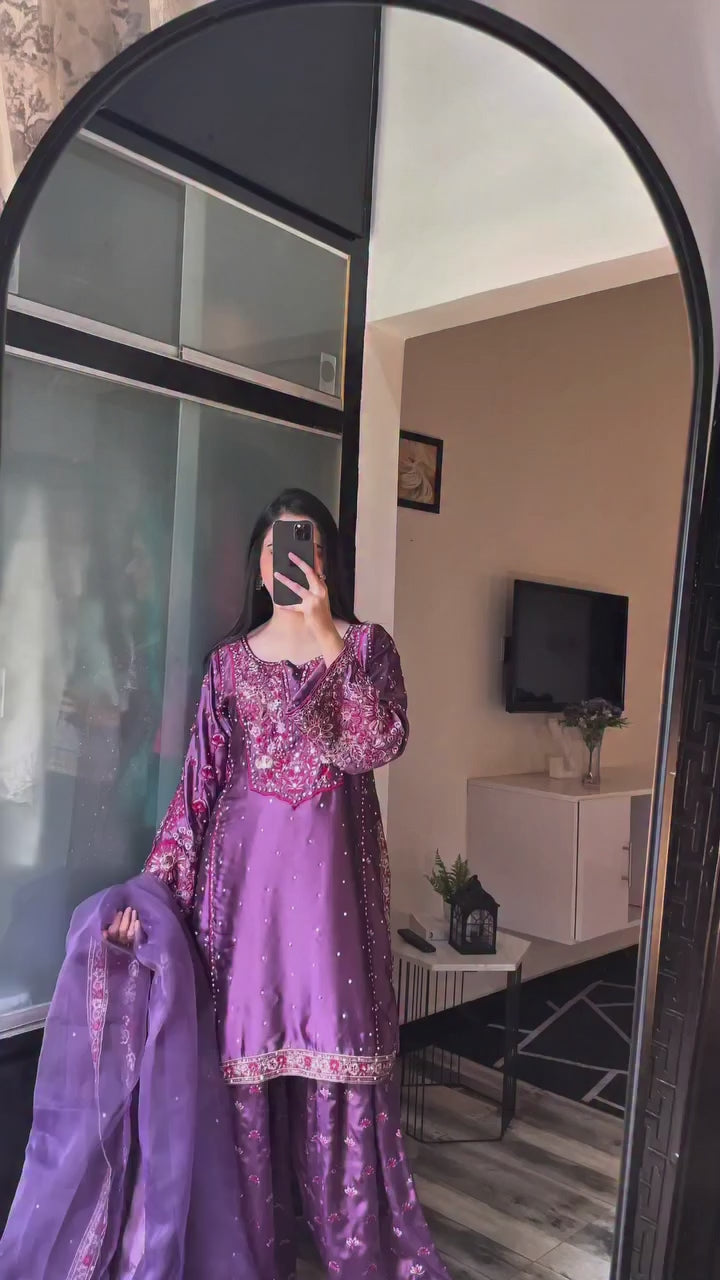 Purpled Embroidered Stitched Dress